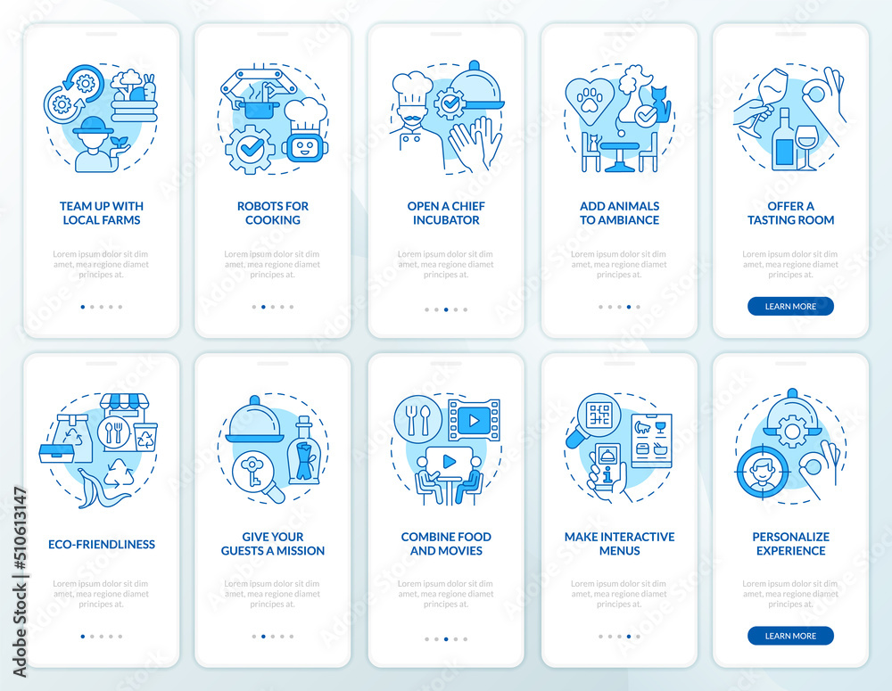 Strategic plan for restaurant blue onboarding mobile app screen set. Walkthrough 5 steps editable graphic instructions with linear concepts. UI, UX, GUI template. Myriad Pro-Bold, Regular fonts used