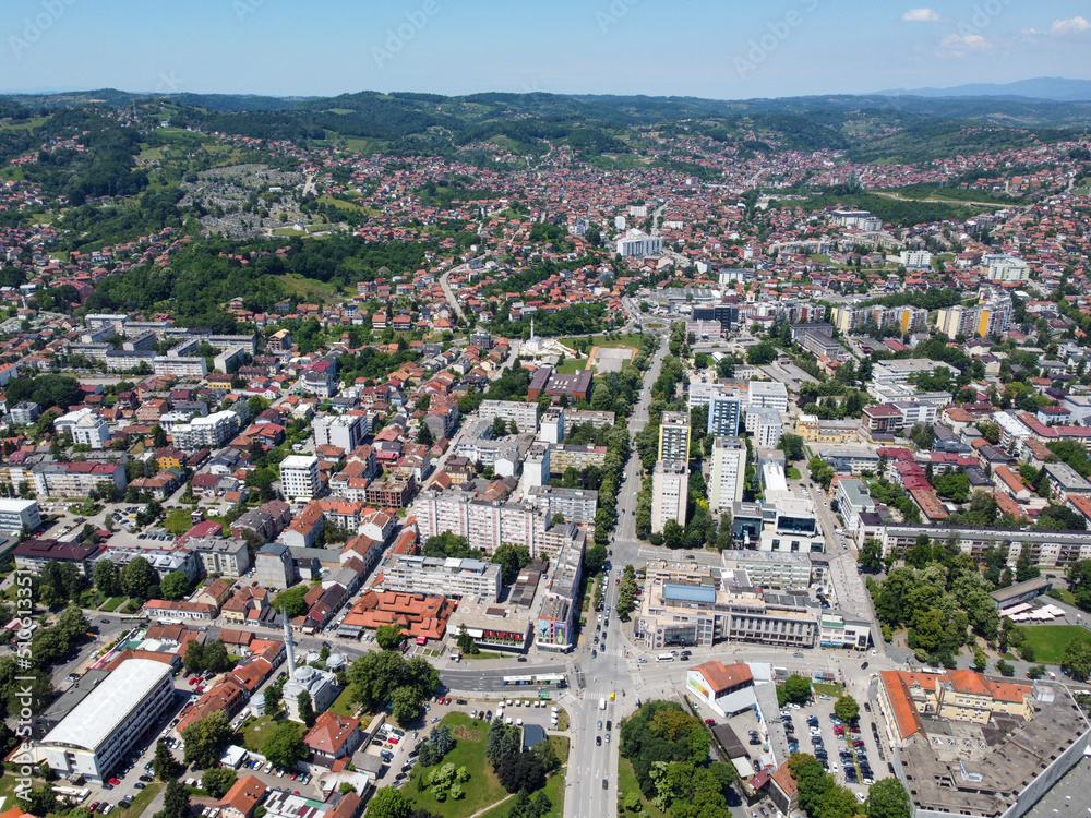 Aerial drone view of Banja Luka, Bosnia and Herzegovina. Buildings, streets, parks and residential houses. City center of Banja Luka, view from above.