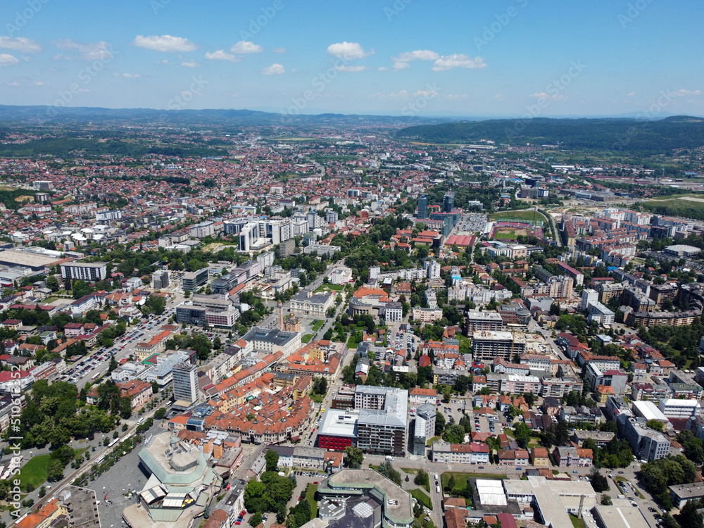 Aerial drone view of Banja Luka, Bosnia and Herzegovina. Buildings, streets, parks and residential houses. City center of Banja Luka, view from above.