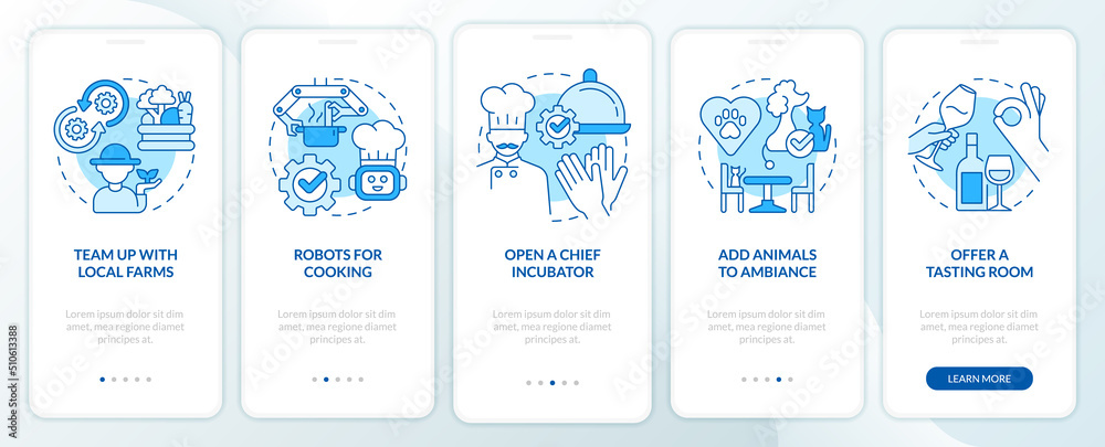 Unique restaurant business ideas blue onboarding mobile app screen. Walkthrough 5 steps editable graphic instructions with linear concepts. UI, UX, GUI template. Myriad Pro-Bold, Regular fonts used Unique restaurant business ideas blue onboarding mobile app screen. Walkthrough 5 steps editable graphic instructions with linear concepts. UI, UX, GUI template. Myriad Pro-Bold, Regular fonts used