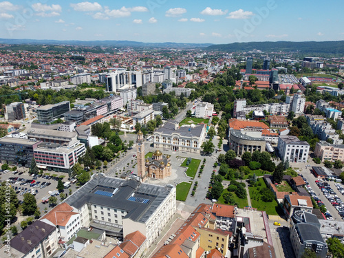 Aerial drone view of Banja Luka, Bosnia and Herzegovina. Buildings, streets, parks and residential houses. City center of Banja Luka, view from above. photo