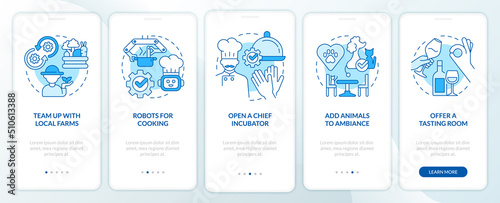 Unique restaurant business ideas blue onboarding mobile app screen. Walkthrough 5 steps editable graphic instructions with linear concepts. UI, UX, GUI template. Myriad Pro-Bold, Regular fonts used