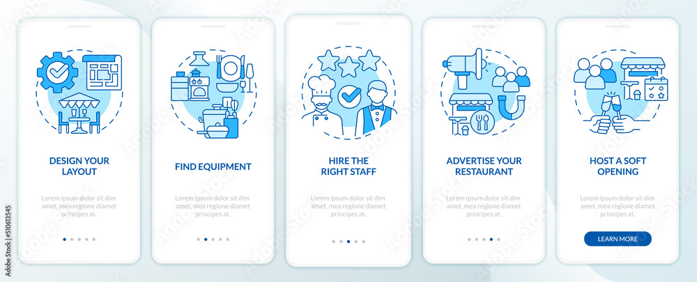 Starting restaurant checklist blue onboarding mobile app screen. Walkthrough 5 steps editable graphic instructions with linear concepts. UI, UX, GUI template. Myriad Pro-Bold, Regular fonts used Starting restaurant checklist blue onboarding mobile app screen. Walkthrough 5 steps editable graphic instructions with linear concepts. UI, UX, GUI template. Myriad Pro-Bold, Regular fonts used