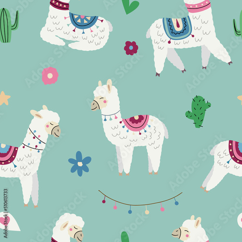 Seamless pattern with cute white lamas in different poses. Vector illustration for nursery and textile decoration