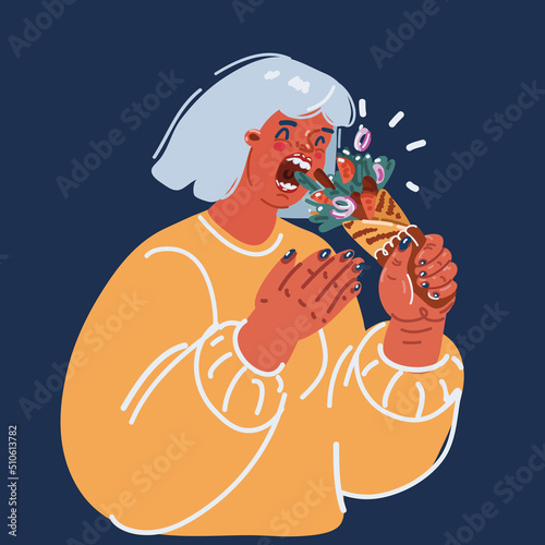 Cartoon vector illustration of Young woman eating tasty shawarma