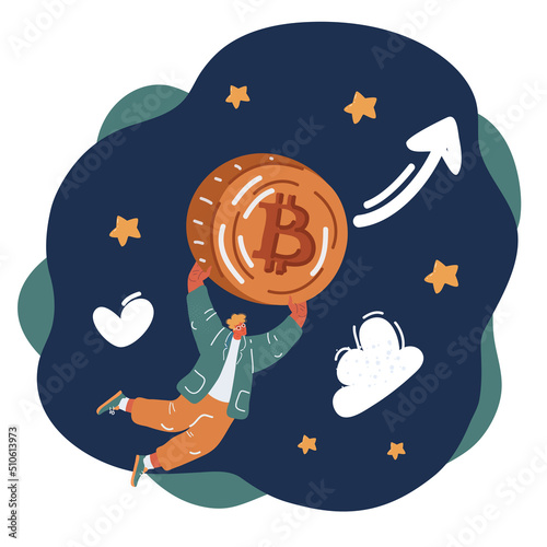 Cartoon vector illustration of Bitcoin business. Accumulation and buying crypto currency concept. International stock exchange. Bitcoin uptrend. Man fly wth coin in sky an night