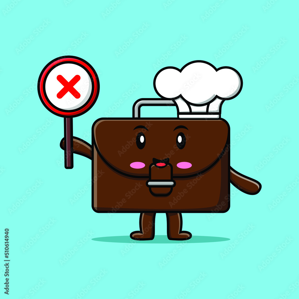 cute cartoon suitcase chef holding wrong sign in vector fruit character illustration