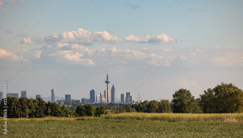Frankfurt am Main, Hessen, Germany May 2022: View from the wheat field at the Hochtaunus to Frankfurt am Main. Blue sky with clouds.
