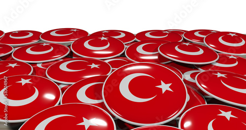 3D rendering of Turkish flag pins on a wooden table for politics, support and nationalism