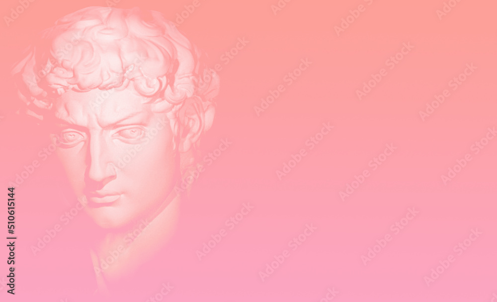 Head of Michelangelo's David Sculpture isolated in neon pink lighting. 3D illustration. Classical sculpture in vaporwave retrofuturistic style. Head of Michelangelo's David Sculpture isolated in neon pink lighting. 3D illustration. Classical sculpture in vaporwave retrofuturistic style.