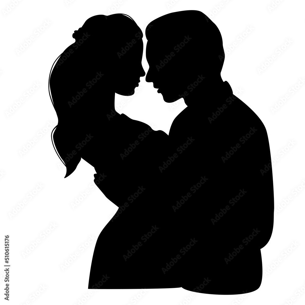 Couple silhouette isolated on white background. Two lovers looking at each other eyes.