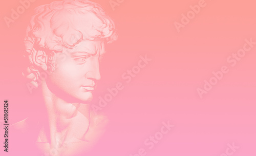 Head of Michelangelo s David Sculpture isolated in neon pink lighting. 3D illustration. Classical sculpture in vaporwave retrofuturistic style.