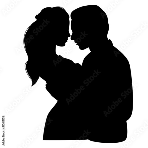 Couple silhouette isolated on white background. Two lovers looking at each other eyes.
