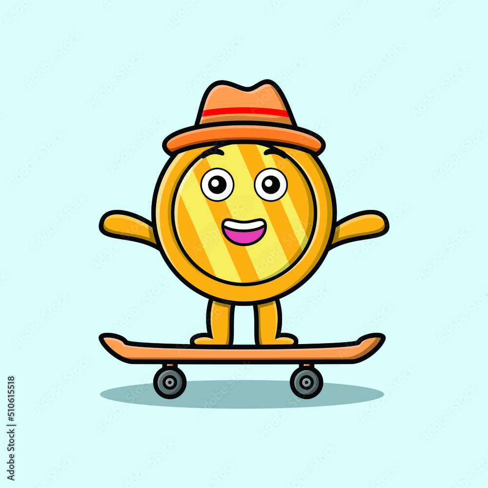 Obraz premium cute cartoon gold coin standing on skateboard with cartoon vector illustration style