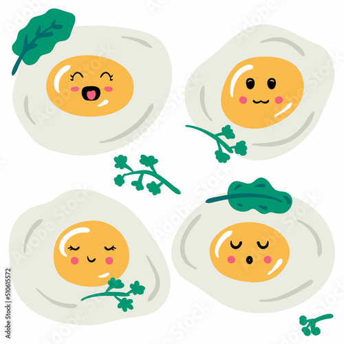 Fried eggs set with cartoon funny faces. Cute characters collection with happy emotions. Kids logo meal vector isolated illustration for decor and design.