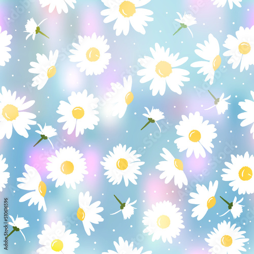 The chamomile abstract background. Silhouettes of white daisies for textiles. Seamless floral texture white of Daisy flower on blue, EPS 10, vector.
