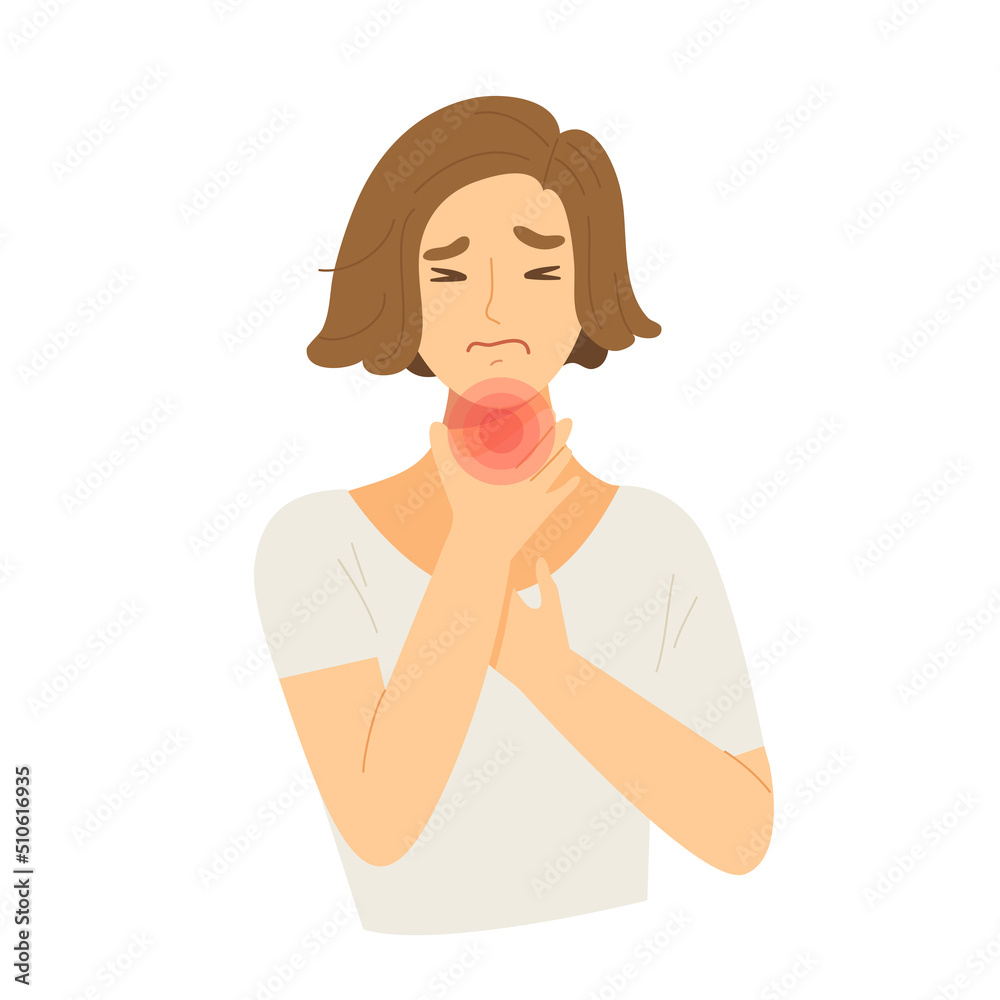 Young female having sore throat symptom isolated on white background. Character for covid-19, cold and flu, Pharyngitis or tonsil inflammation symptom. Flat vector cartoon. Young female having sore throat symptom isolated on white background. Character for covid-19, cold and flu, Pharyngitis or tonsil inflammation symptom. Flat vector cartoon.