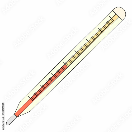 Vector illustration of thermometer in cartoon style. High body temperature. Picture isolated on white