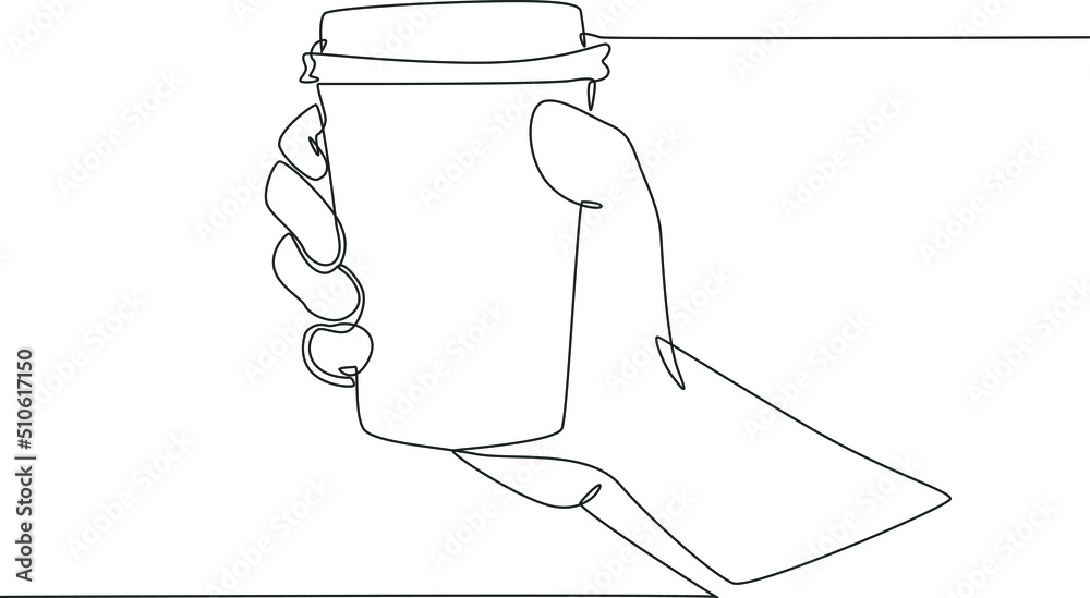 Simple continuous line drawing holding white paper cup in hand. Take-away coffee at the cafe shop. Take away and service concept. Continuous line draw design graphic vector illustration. Simple continuous line drawing holding white paper cup in hand. Take-away coffee at the cafe shop. Take away and service concept. Continuous line draw design graphic vector illustration.