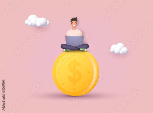 Money and investment advisor concept. Smart businessman meditate and floating on big golden money dollar coin. 3D Web Vector Illustrations.
