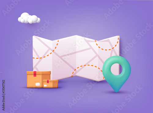 Map with delivery tracking. GPS navigator pointer. 3D Web Vector Illustrations.