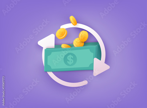 Cashback money refund icon concept.  Wallet with coins and money. 3D Web Vector Illustrations.