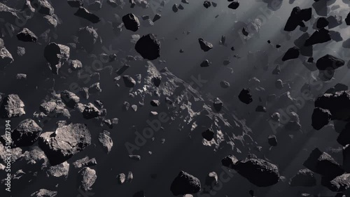 Asteroid field in deep space 3d render animation, Linear Orbit Shot around big asteroid rock or dwarf planet , with volumetric light photo