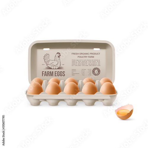 Fresh Organic Brown Chicken Eggs in Open Carton Pack, or Egg Container Isolated on White Background. Ten Large Eggs from Farm in Brand Pack