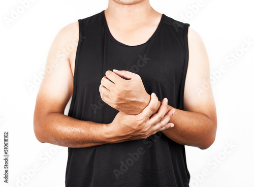 Asian man who wears black tank top shirt with two-tone skin arm isolated on white background              