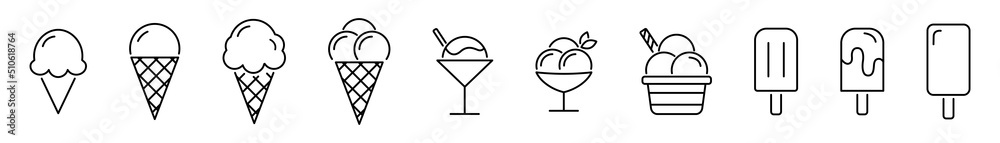 Ice cream icon set. Sundae vector line icon. Vector ice cream cone dessert. Ice cream icon set. Sundae vector line icon. Vector ice cream cone dessert.