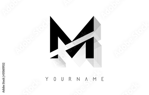 Black Wireframe M Letter Logo Design. Creative vector illustration with wired outline frame.
