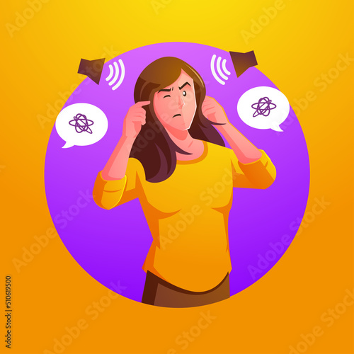 a woman with both hands covering their ears to protect them from uncomfortable, loud and disturbing sounds