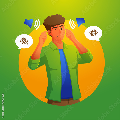 a man with both hands covering their ears to protect them from uncomfortable, loud and disturbing sounds