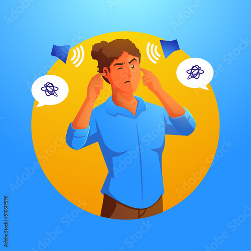 a woman with both hands covering their ears to protect them from uncomfortable, loud and disturbing sounds