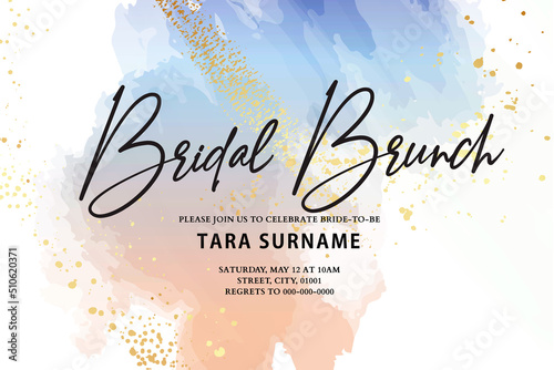 Bridal brunch invitation, save the date orange pink blue  gold texture abstract minimalistic background. Boho wedding card 