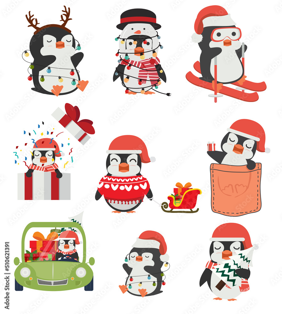 Cute penguins cartoon Characters  Winter Christmas set
