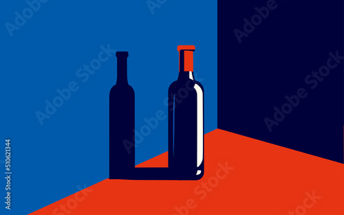 Vector illustration of a bottle of wine in trendy colors in a minimal style.
