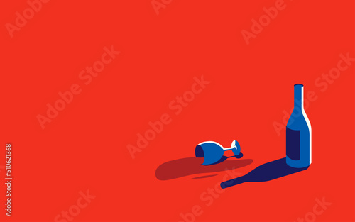 Vector illustration of a bottle of wine and a spilled glass with red wine next to it in a minimal style.