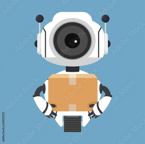 Cute white Ai robot holding a parcel
