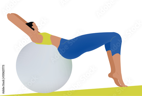 Fitball exercise. Active strong woman doing fitness workout on mat at home or gym isolated. Female enjoying sports exercising.
