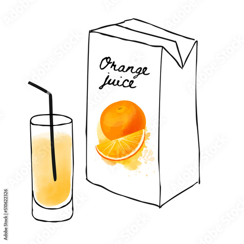 Illustration of a pack of orange juice and a glass with a straw