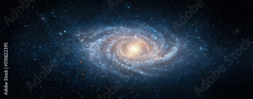 View from space to a spiral galaxy and stars. Universe filled with stars, nebula and galaxy,. Elements of this image furnished by NASA.