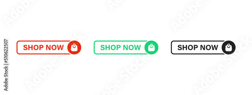 Shop now icon button in line frame with shopping bag cart icon or add to shop buy now label banner web icons buttons
