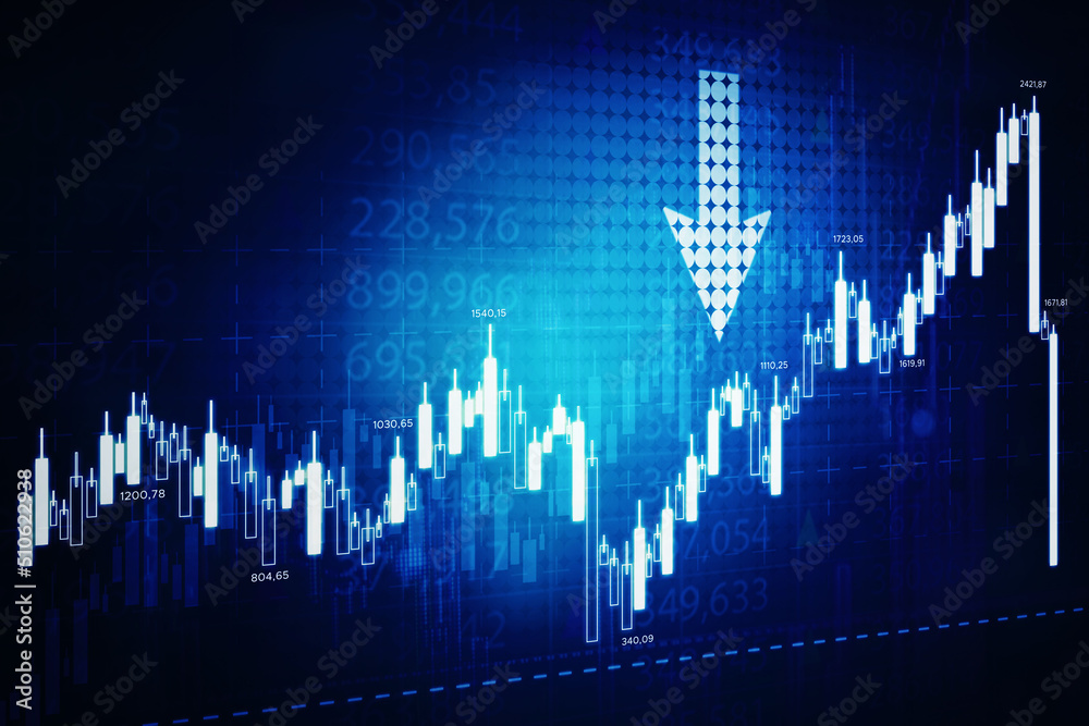 Declining candlesticks and arrow of stock market Declining candlesticks and arrow of stock market