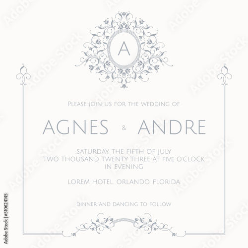 Elegant wedding invitation. Classic graphic elements. Frame with floral monogram.