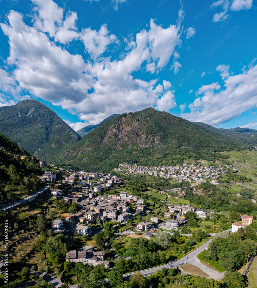 Valtellina, Italy, aerial view of the villages of Ponchiera and Mossini with Bridge of Cassandre