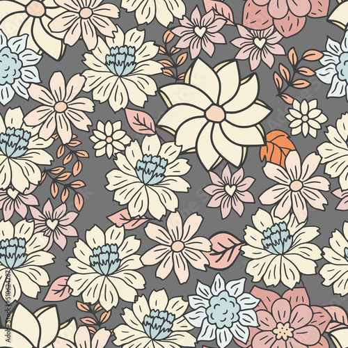 Floral seamless pattern in retro style. Hand drawn blossom vintage texture. Great for fabric  textile  wallaper. Vector illustration