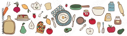 Vector set of hand drawn food, vegetables, fruits  and kitchen items in doodle style. For kitchen, packaging design, template labels, concerning nutrition and vegetarian, card or flyer, banner, labels