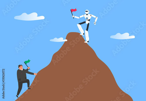 businessman and robot humanoid competition climbing up mountaing with flag vector illustration photo