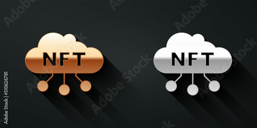 Gold and silver NFT cloud icon isolated on black background. Non fungible token. Digital crypto art concept. Long shadow style. Vector